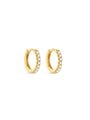 Pair of dainty 18K gold plated sterling silver huggie hoop earrings with sparkling cubic zirconia stones.