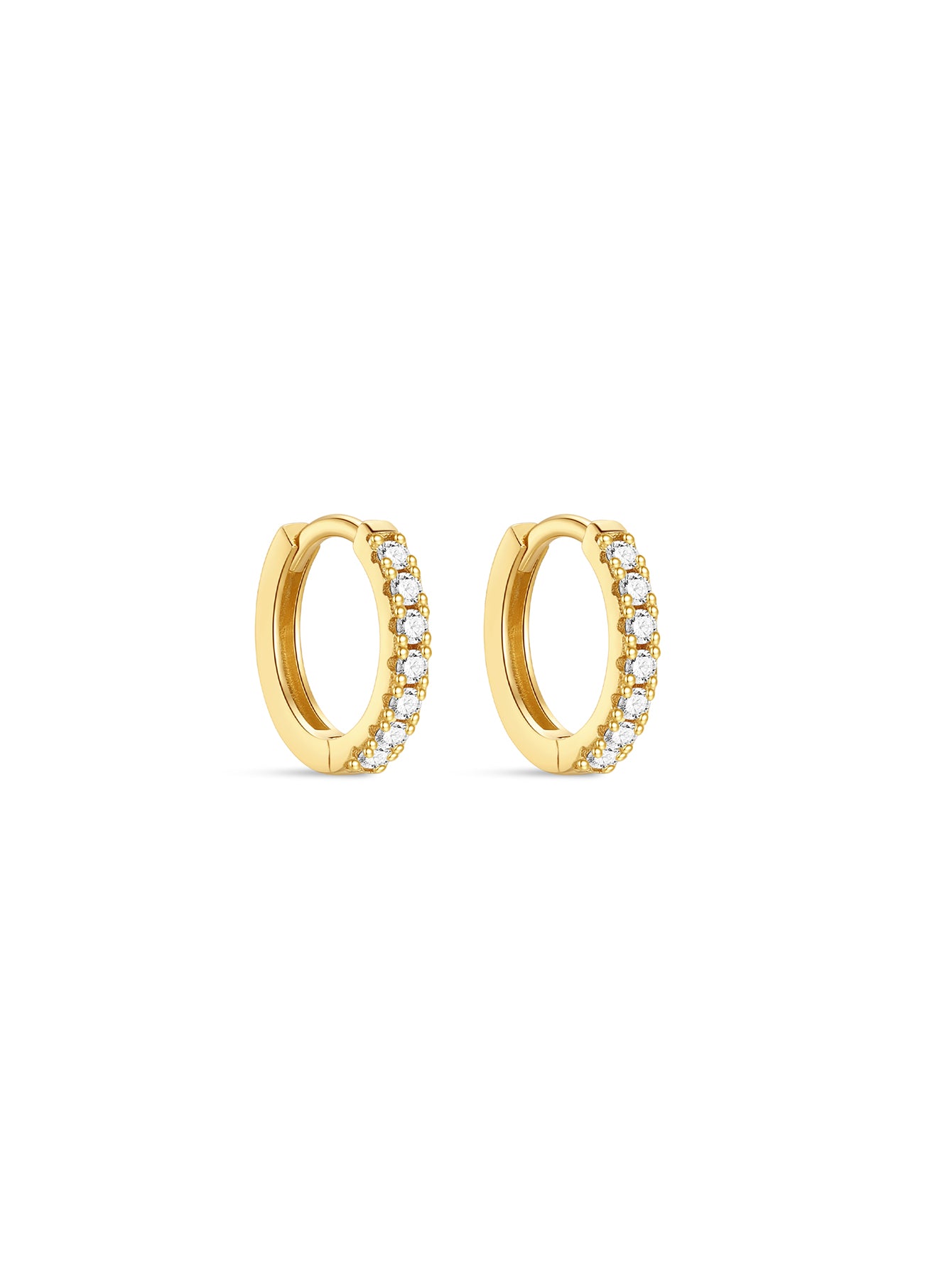 Pair of dainty 18K gold plated sterling silver huggie hoop earrings with sparkling cubic zirconia stones.