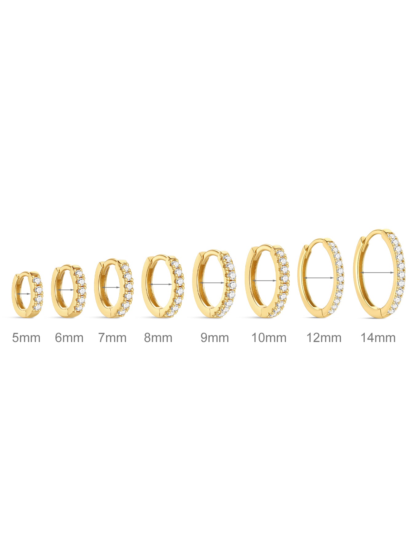 Seven dainty gold huggie hoop earrings with cubic zirconia, 6mm to 14mm inner diameter, showing size variations.