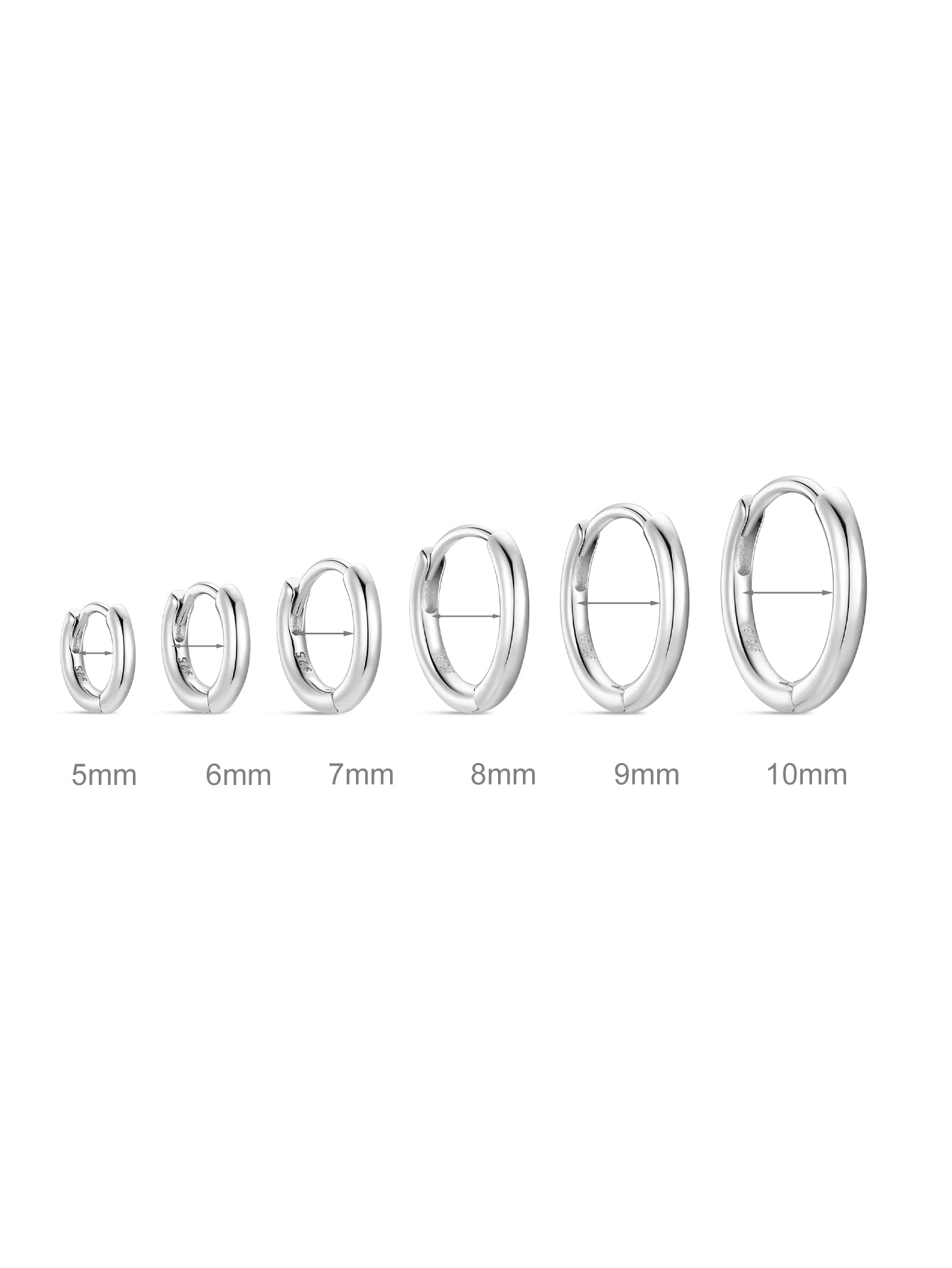 Silver 925 sterling silver huggie hoop earrings in sizes 5mm to 10mm for size comparison.