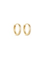 Pair of polished 18K gold-plated 925 sterling silver huggie hoop earrings on white background, classic casual wear.