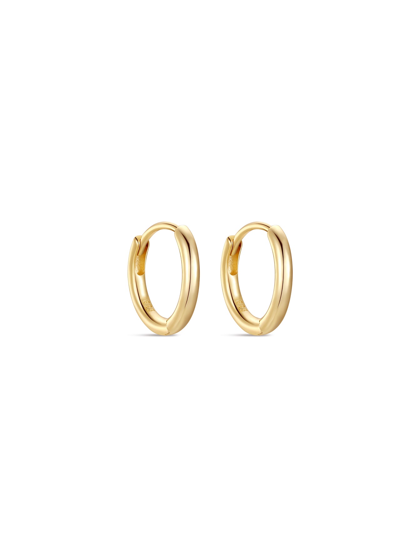 Pair of polished 18K gold-plated 925 sterling silver huggie hoop earrings on white background, classic casual wear.