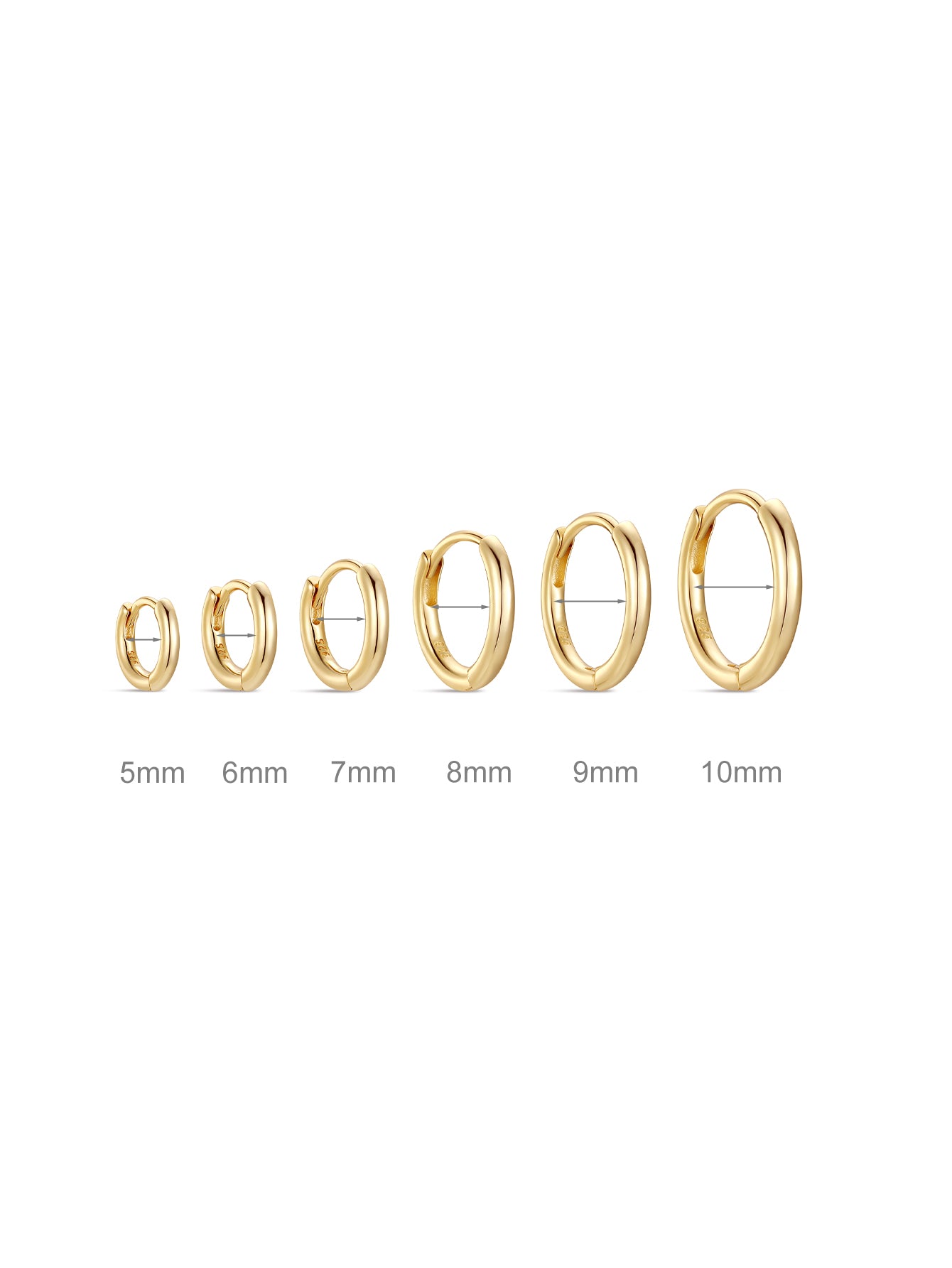 Gold plated 925 sterling silver huggie hoop earrings in sizes 5mm to 10mm for size comparison.