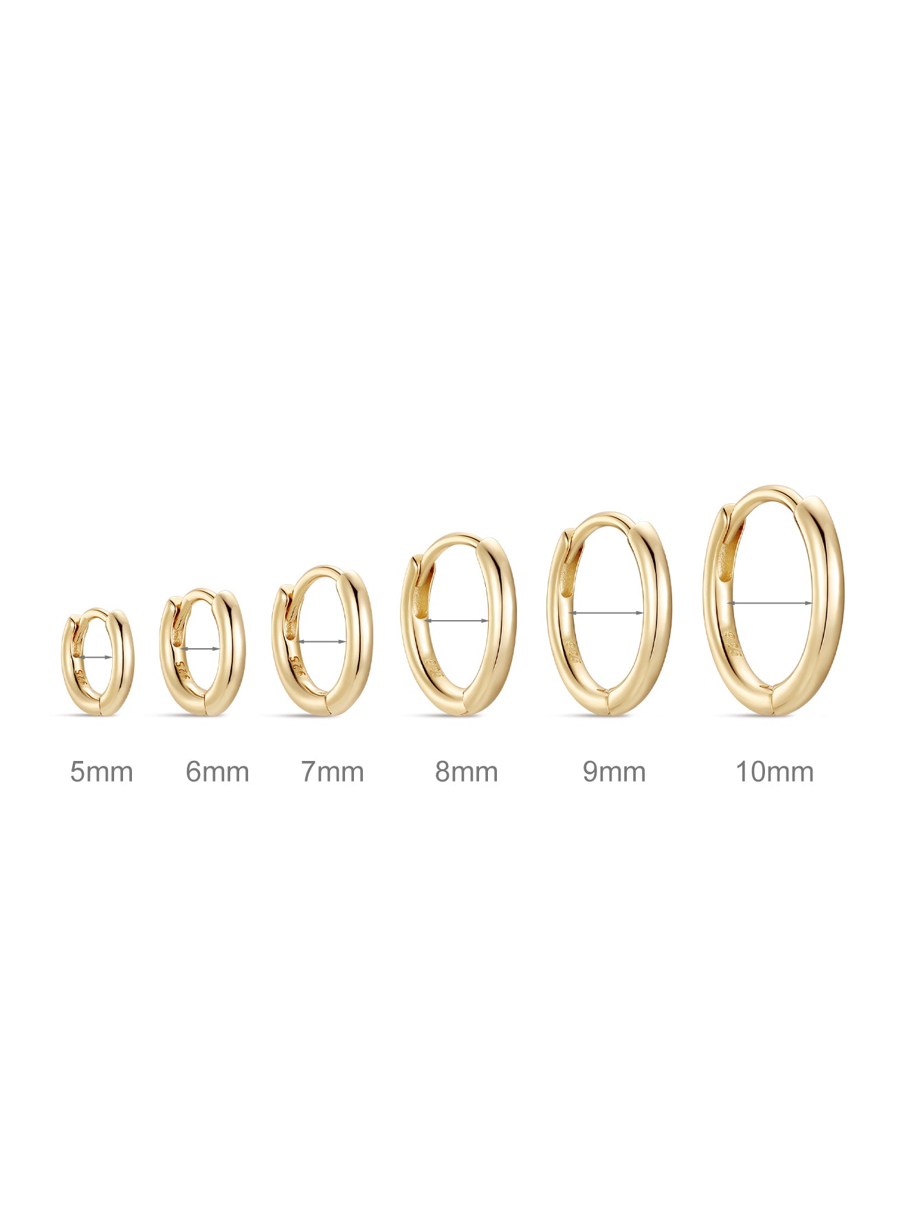 18K gold-plated sterling silver huggie hoop earrings shown in 5mm to 10mm sizes for comparison.