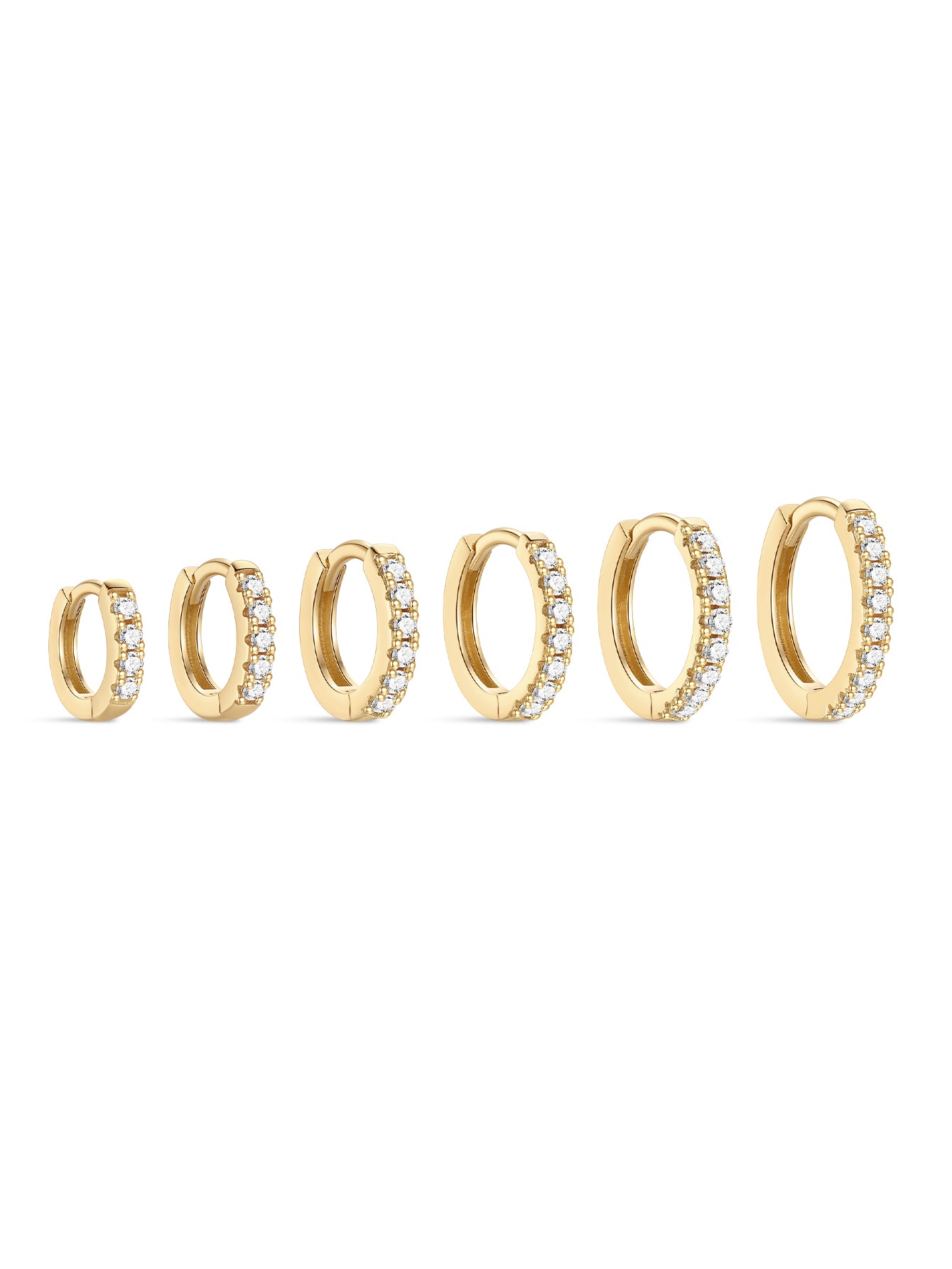 Five gold-plated 925 sterling silver huggie hoop earrings with cubic zirconia, showing size variations from 6mm to 14mm.