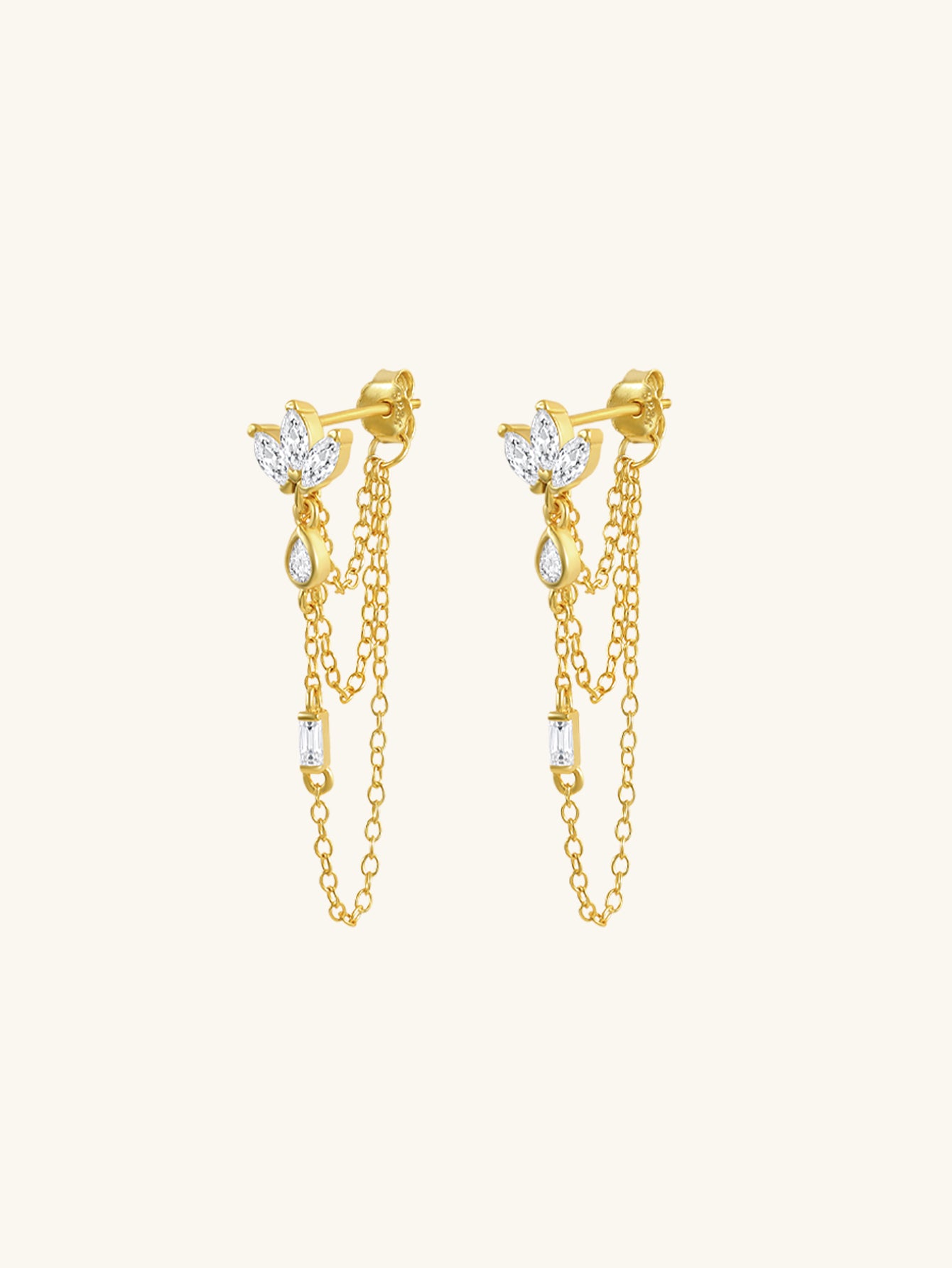 925 sterling silver clover gold plated earrings with chain, marquise, teardrop, and baguette zirconia.