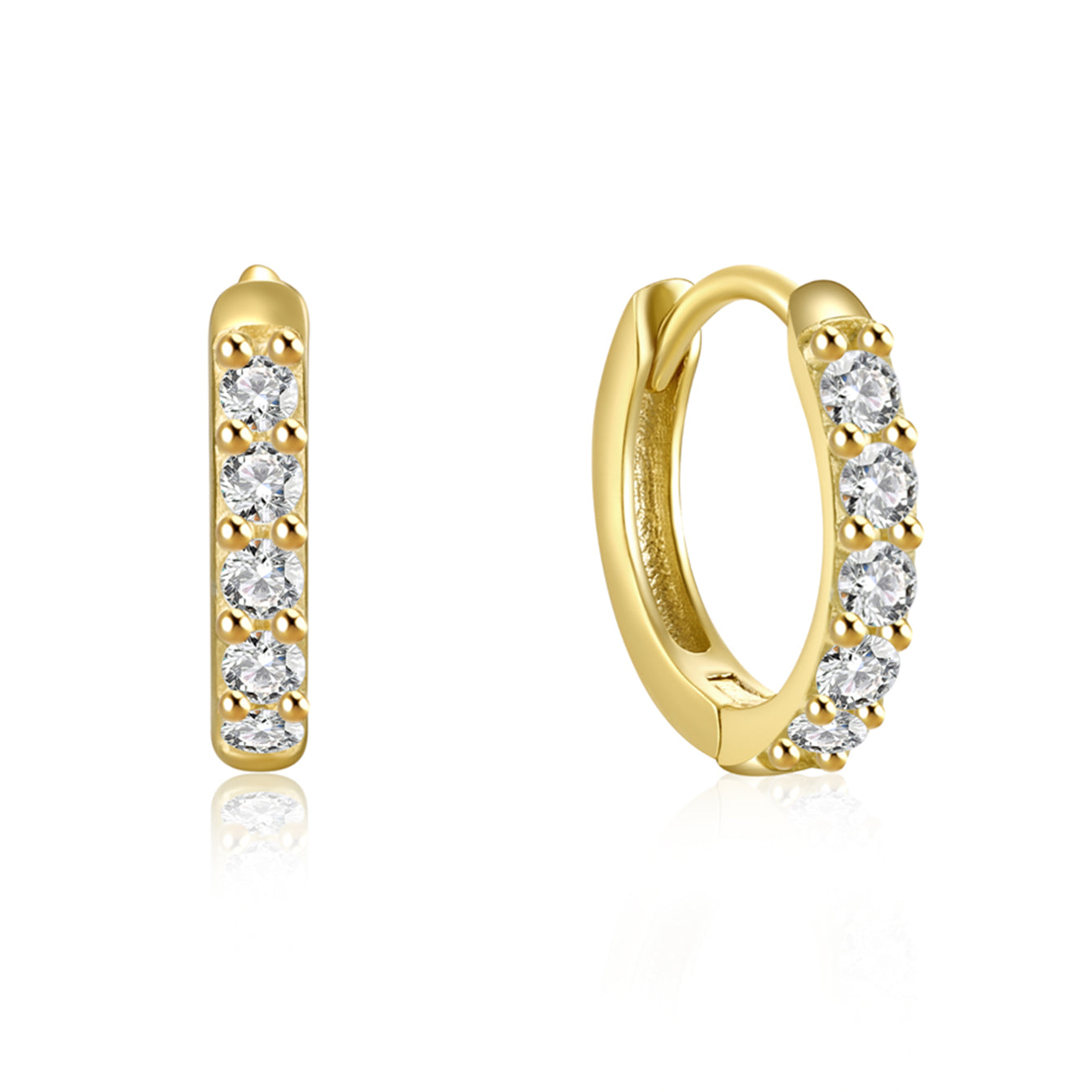 Gold plated 925 sterling silver huggie hoop earrings with AAAAA cubic zirconia stones.