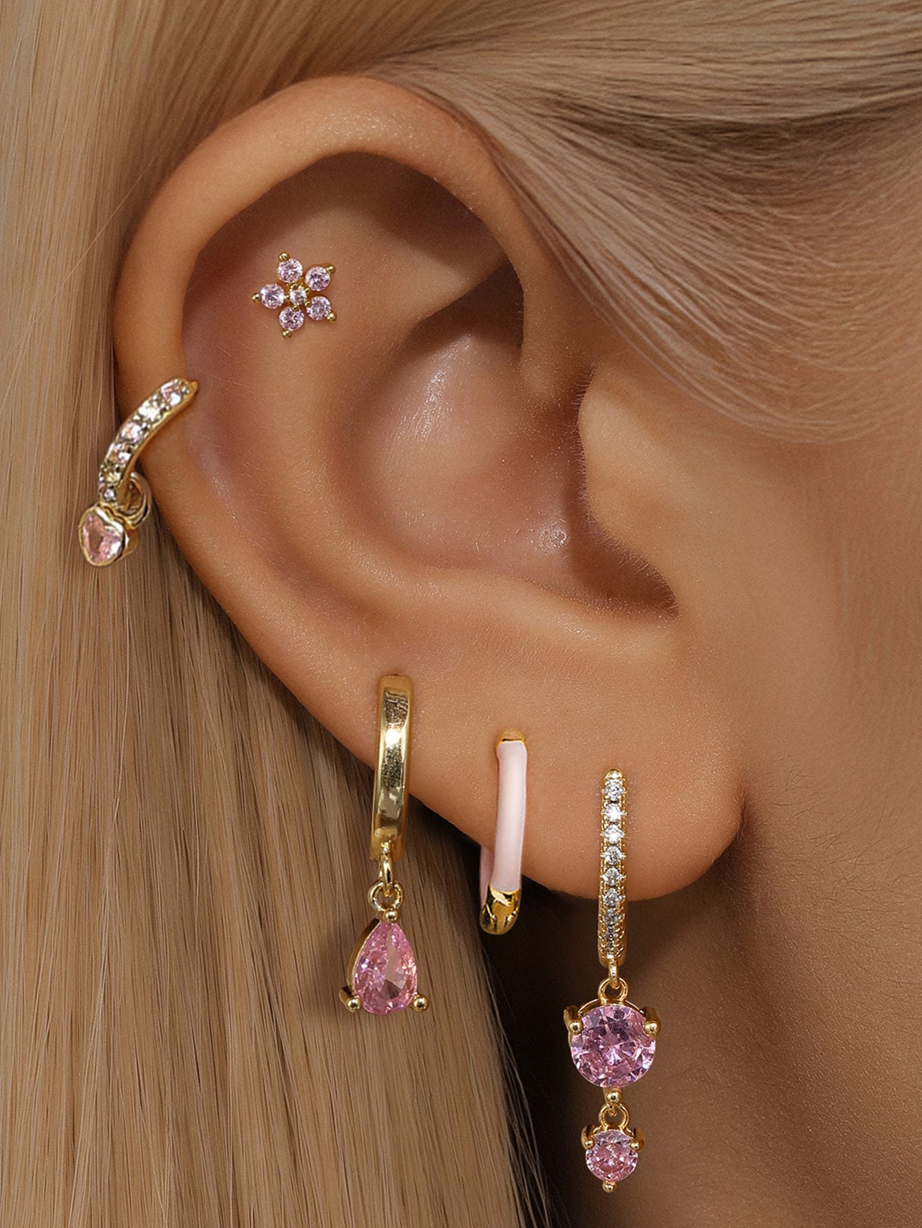 Gold 925 sterling silver earrings with pink cubic zirconia: flower stud, teardrop hoop, double stone huggie.