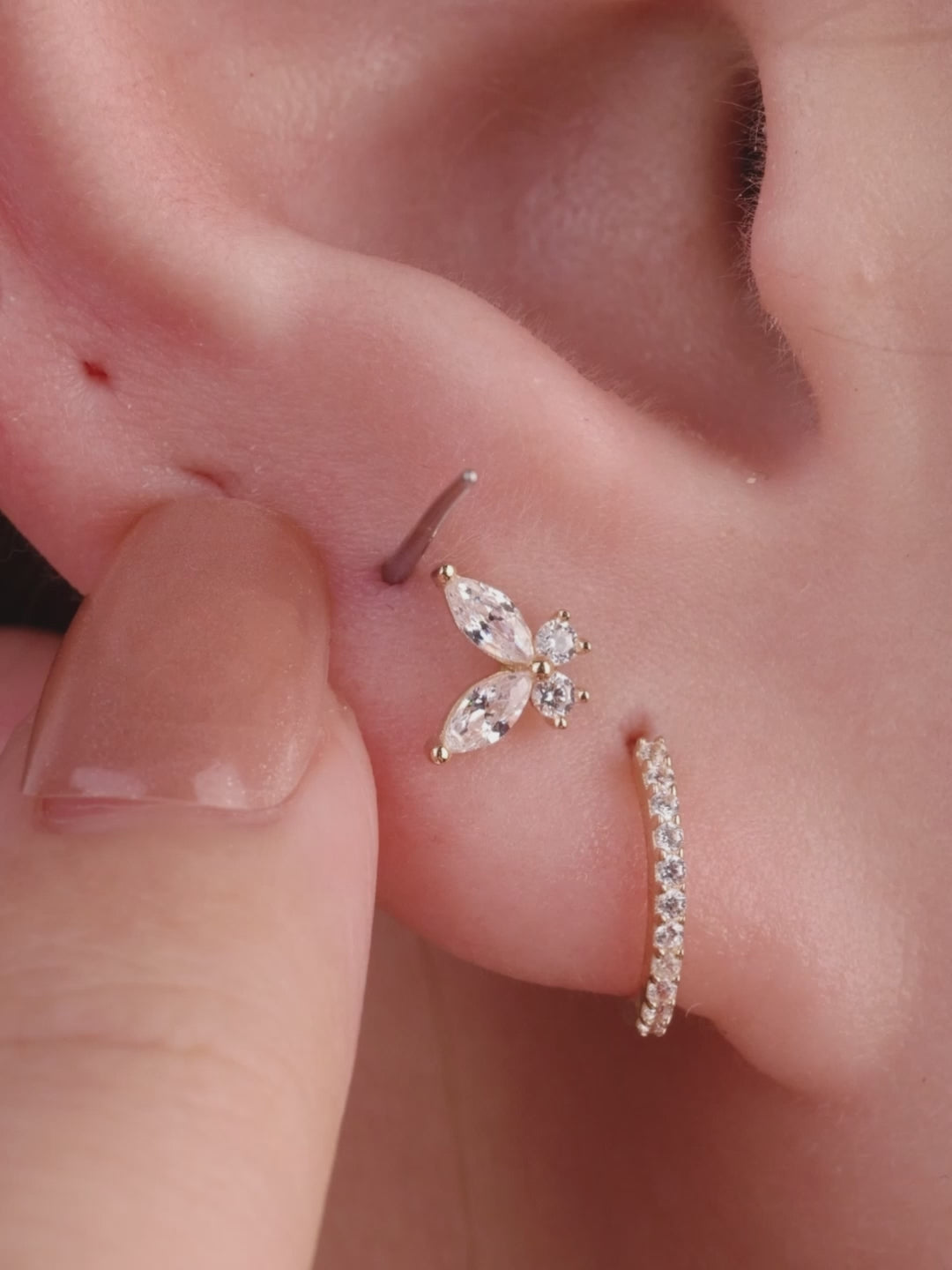KOSINER 14K Solid Gold Minimalist Drop Flat Back Stud, single piercing earring 