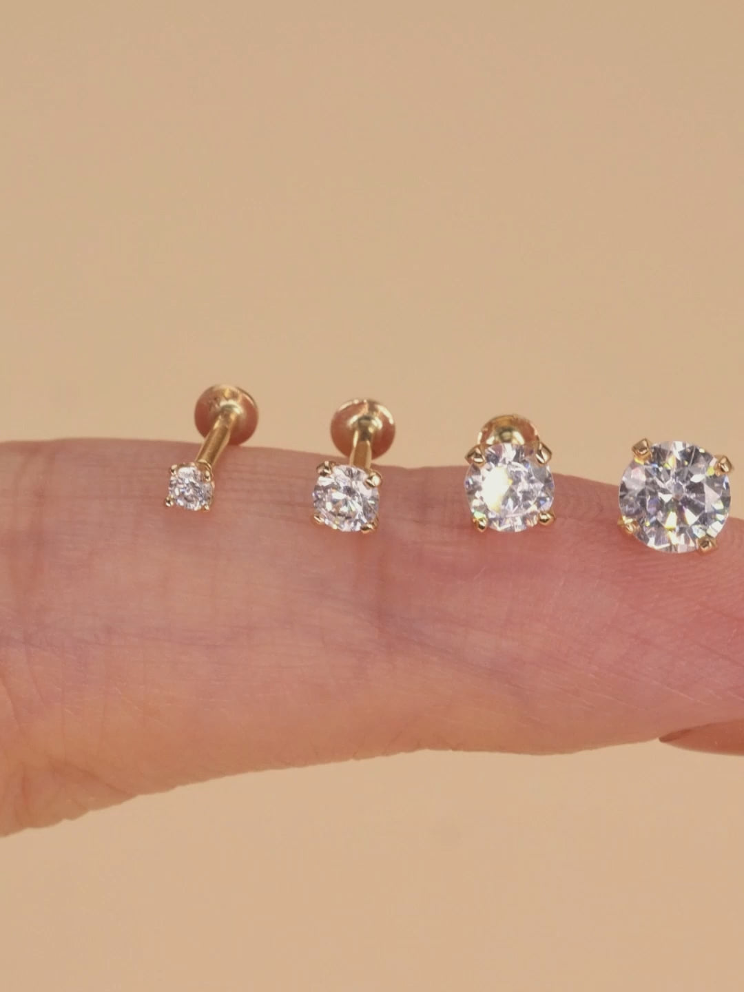 KOSINER 14K gold flat back stud size guide, 2/3/4/5mm CZ stone sizes for different piercings