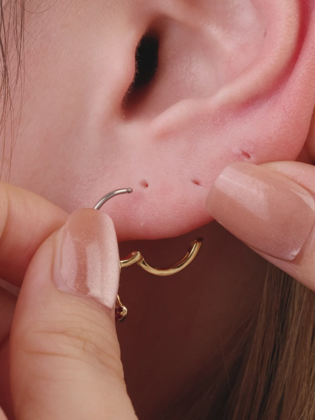 Full layered ear stack of KOSINER Orchard fruit collection, banana flat stud matched with grape, pineapple, watermelon, solid gem cartilage piercing earrings