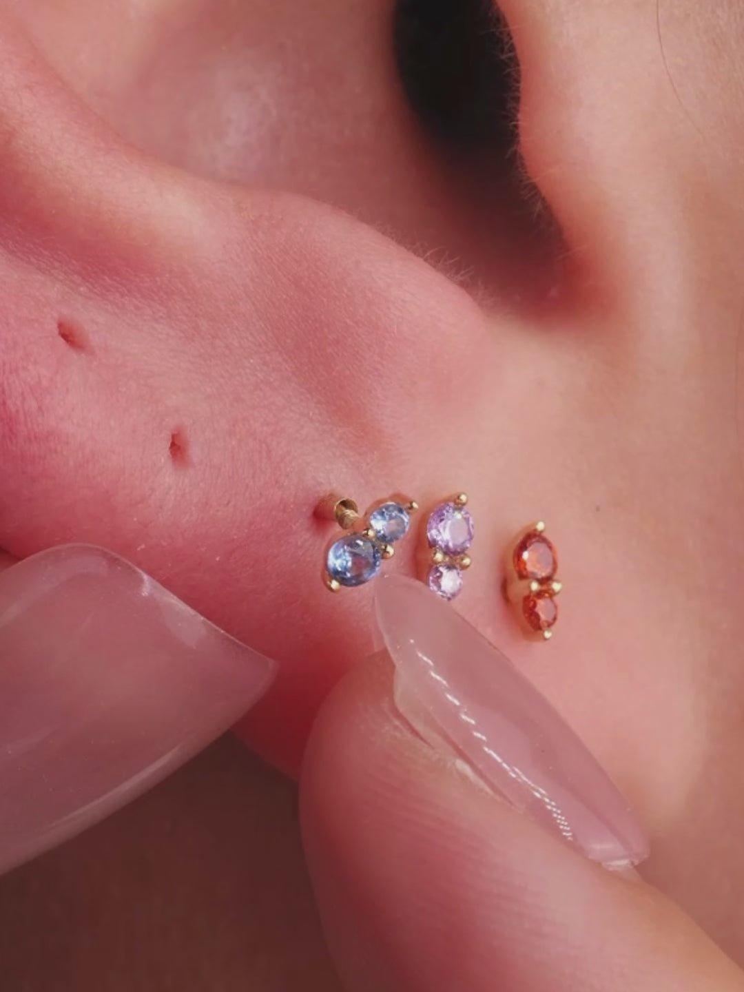 KOSINER Multicolor 14K Gold Double CZ Studs in Curated Ear Piercing, Everyday Wear Look