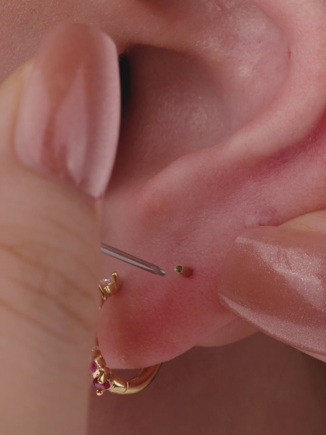 Layered full ear stack look with KOSINER Gem Garden purple gem collection, gradient crown 14K gold flat back stud paired with assorted amethyst & pink garnet cartilage piercings